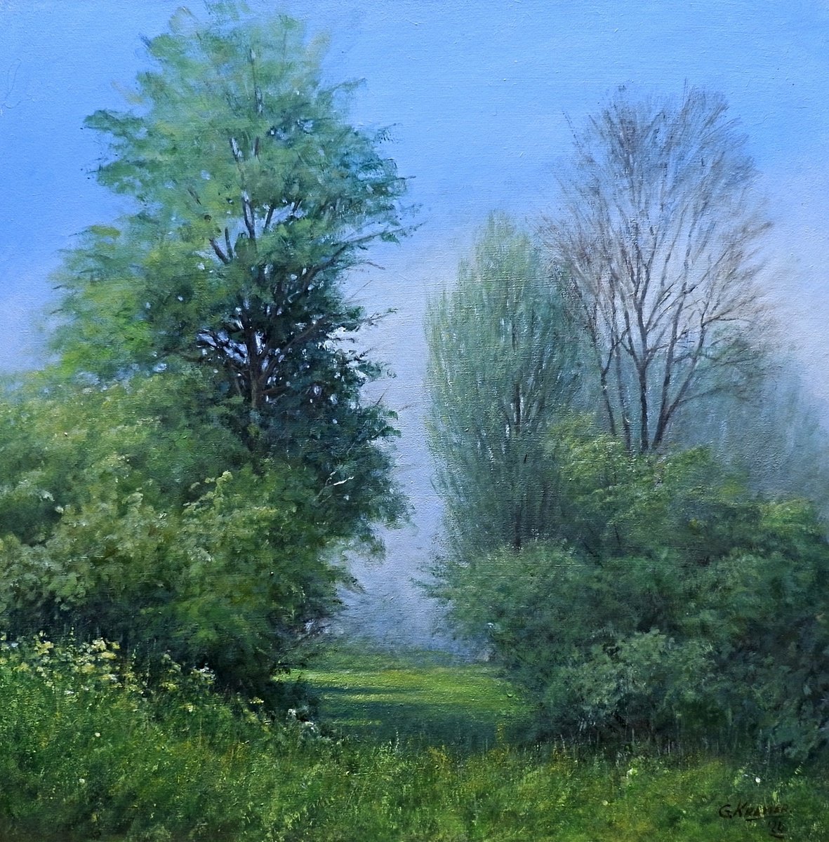 Impressionistic Landscape Acrylic Painting By Gerard Kramer, 16 X 16, Summerday. Blooming Fields, Original Artwork