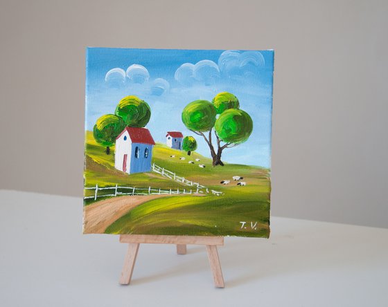 Naive country landscape. Miniature 6 x 6in.