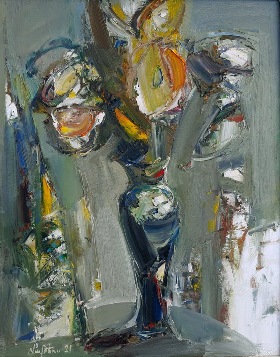 Abstract flowers in vase-3 (40x50cm, oil painting, palette knife)