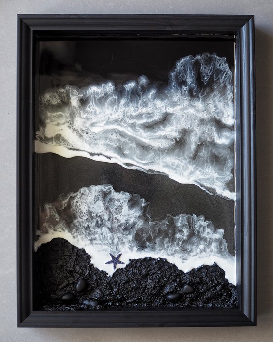 Black and white voluminous beach - original resin seascape artwork, 3d and framed