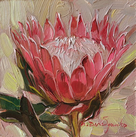 Small painting framed pink protea art original, Unique protea wall art