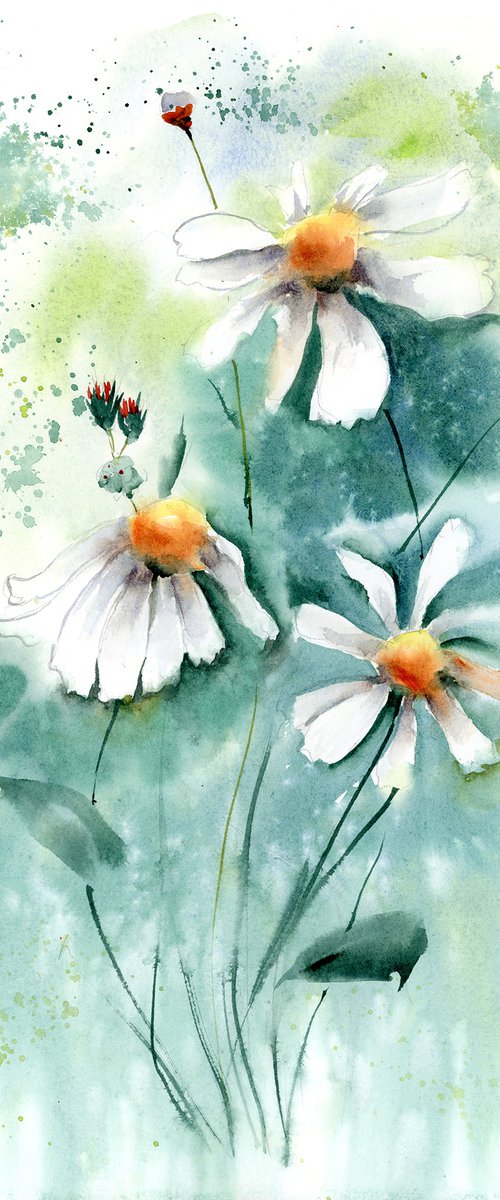 Daisies flowers (1 of 2) - Original Watercolor Painting by Olga Tchefranov (Shefranov)