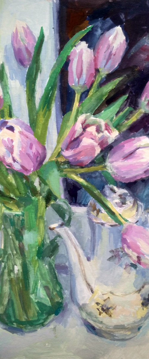 Tulips on the windowsill by Liudmyla Chemodanova