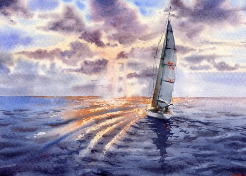 Yacht trip. Sunset at sea. Original artwork. by Evgeniya Mokeeva