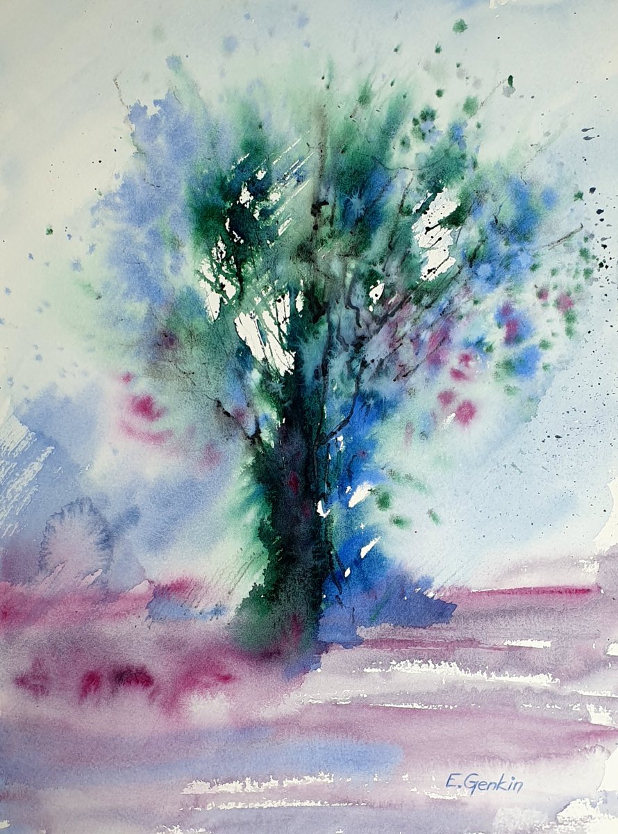 Impressionistic Landscape Painting By Elena Genkin, 12 X 16, Lonely Tree. 2Nd Edition., Original Artwork