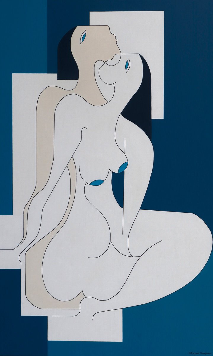 Organic Portrait Acrylic Painting By Hildegarde Handsaeme, 39 X 63, Relaxing Blues, Original Artwork