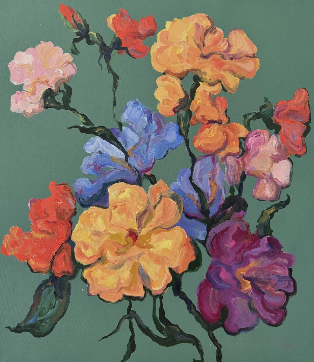 Organic Botanical Acrylic Painting By Liubou Sas, 28 X 31", Flowers 7, Original Artwork