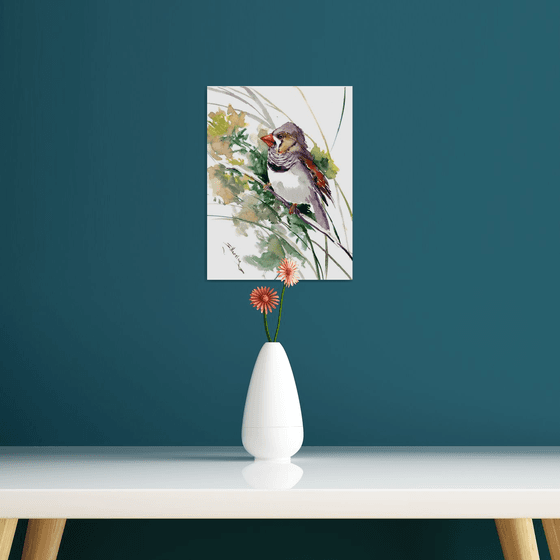Zebra Finch and Flowers, Bird artwork