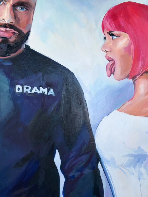 DRAMA - original oil painting, pink, white, pop art, office art, home decor, gift idea, hot girl, man, love, deep blue