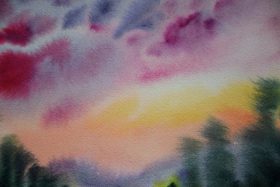 Sunset landscape painting, ORIGINAL watercolor painting, pink flowers wall art