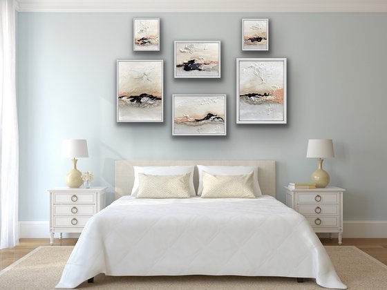 Poetic Landscape II- Peach , White, Black - Composition 6 paintings framed - Wall Art Ready to hang