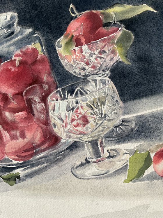 Apples in glass, watercolour