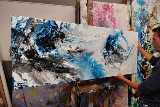 Crushed Midnight 160cm x 60cm Blue White Abstract Art