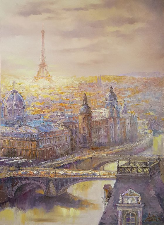 Painting oil Paris Sunrise - palette knife, oil, canvas 65x90cm