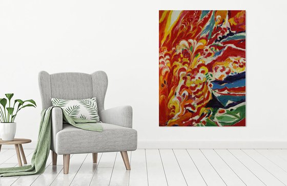 HIMALAYAS, THIRST FOR LIFE - Abstract art, large original painting, oil on canvas,  red orange bright, home interior office decor,  Tibet Himalayas