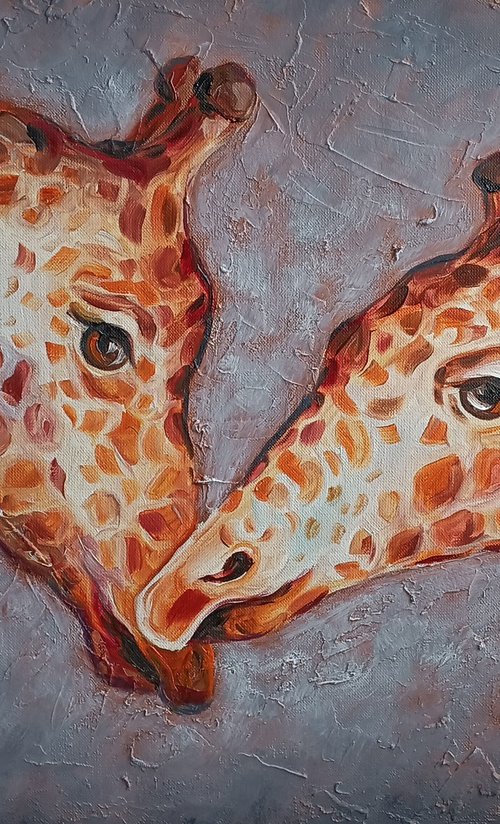 Touch - animal, giraffes, animal face, lovers, painting on canvas, love, gift, animals art, animals oil painting by Anastasia Kozorez