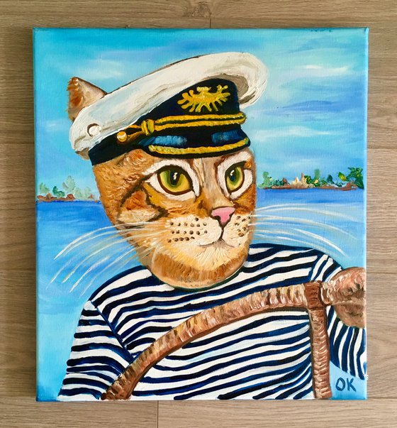 Troy The  Cat- Captain  oil painting for cat lovers.