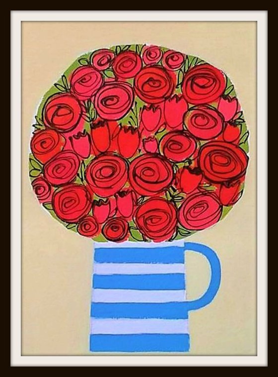 Red Flowers in a Cornishware Jug II