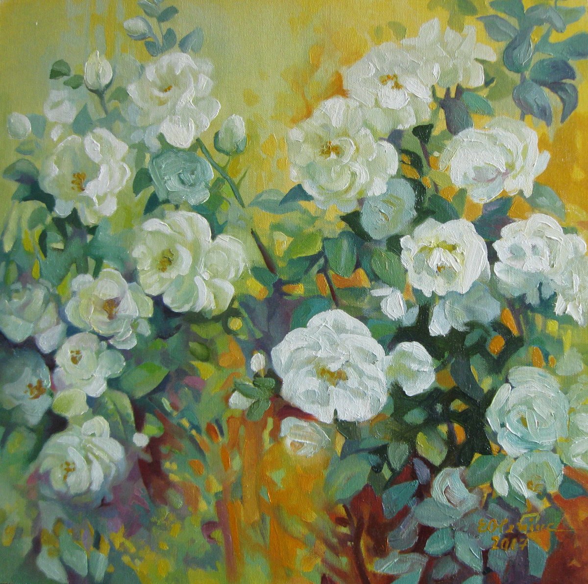 Impressionistic Botanical Oil Painting By Elena Oleniuc, 16 X 16, White Roses, Original Artwork