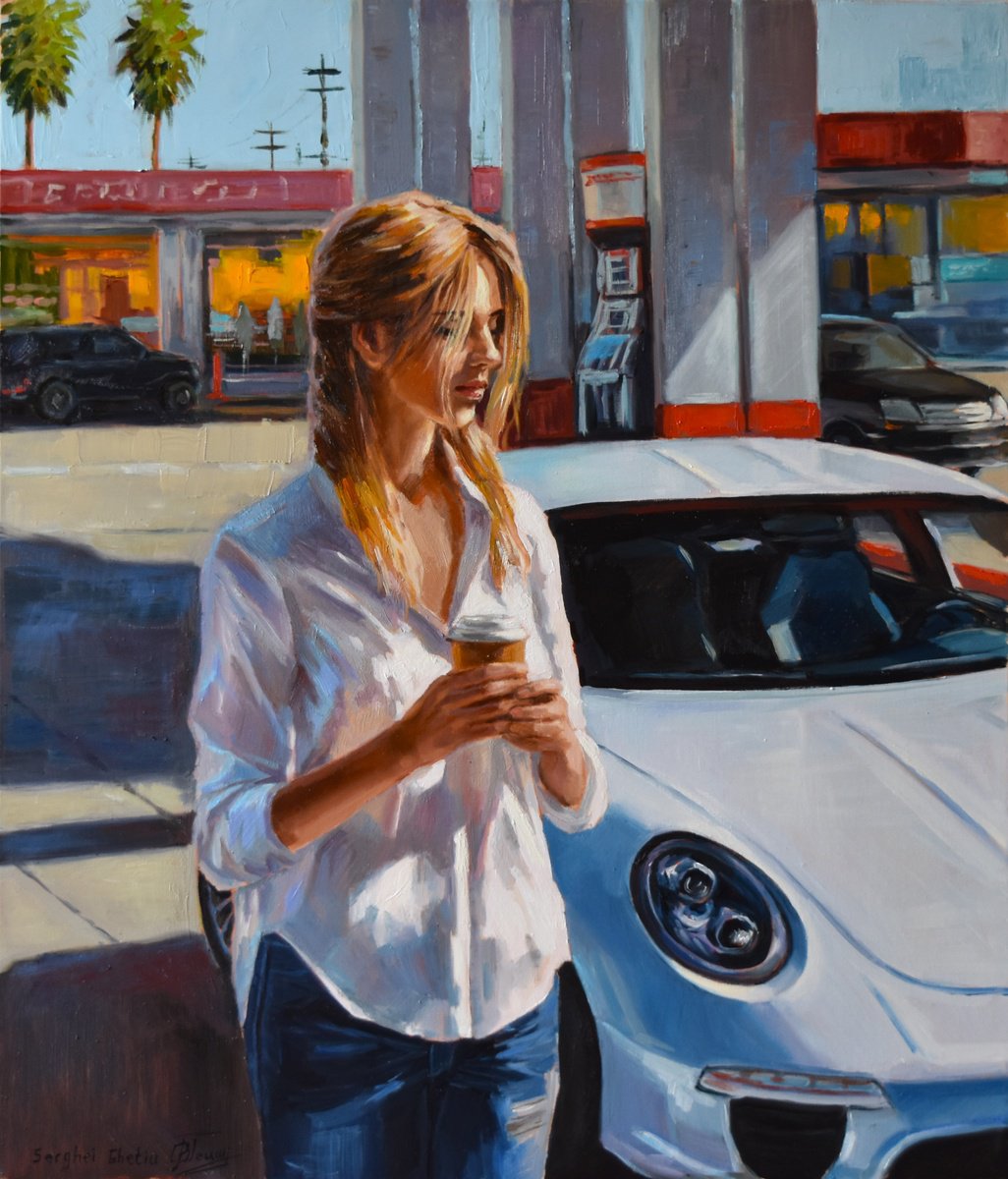 Impressionistic Portrait Oil Painting By Serghei Ghetiu, 24 X 28", A Cup Of Coffee For A ..., Original Artwork