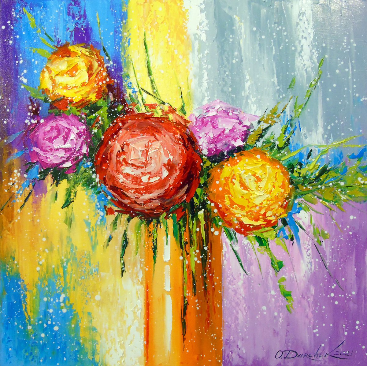 Impressionistic Botanical Oil Painting By Olha Darchuk, 20 X 20", Bouquet Of Bright Flowers, Original Artwork