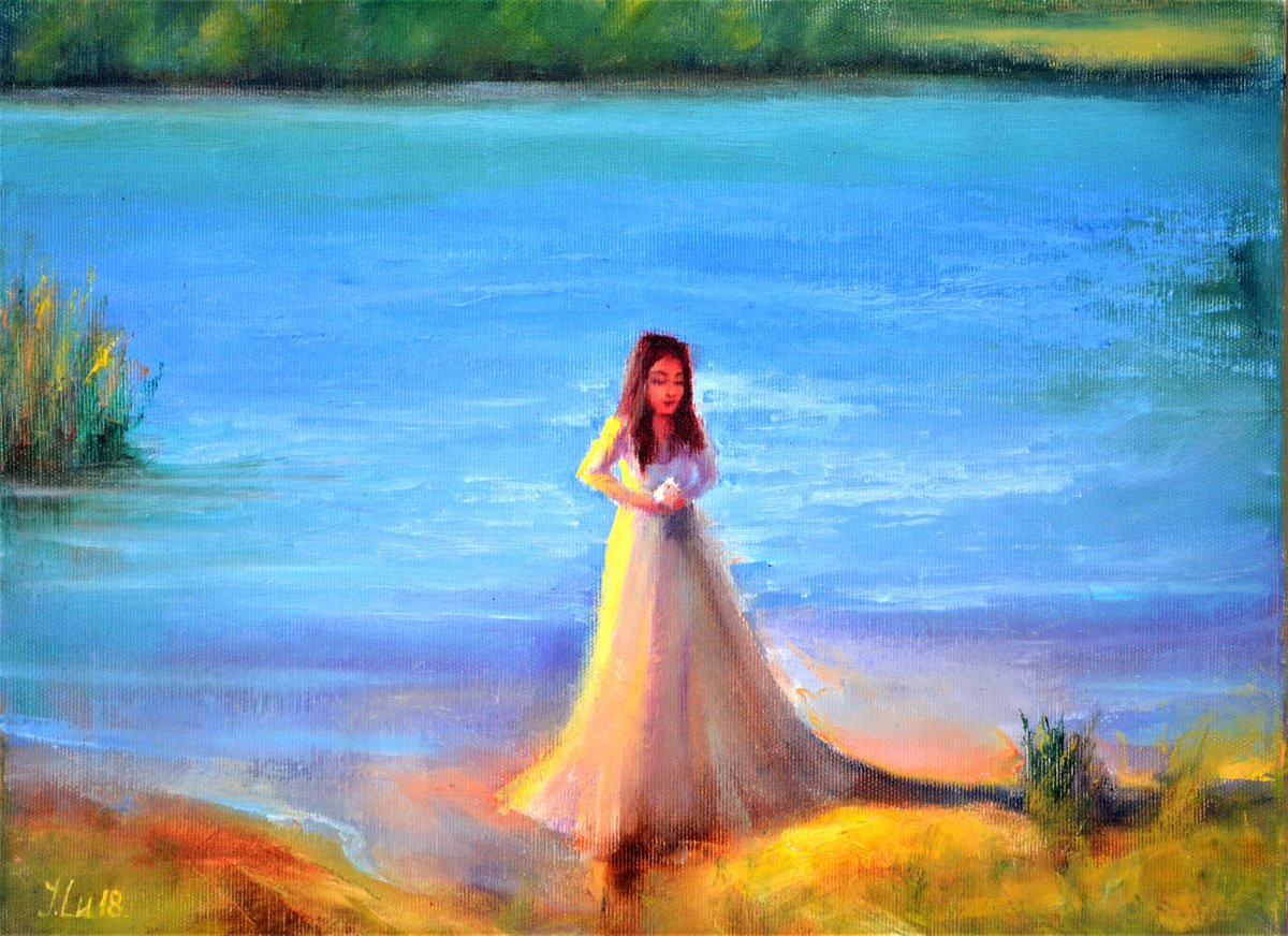 Impressionistic Landscape Oil Painting By Elena Lukina, 16 X 12, Lady With A Bird On Bank Of A Lake, Original Artwork
