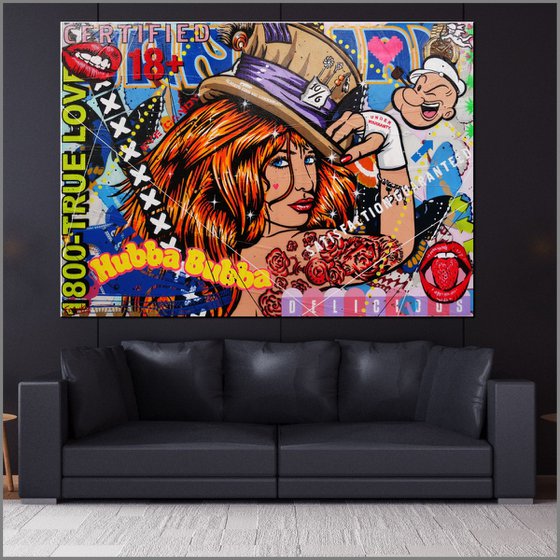 Hubba Bubba Hat Girl 140cm x 100cm Sexy Woman Textured Urban Pop Art