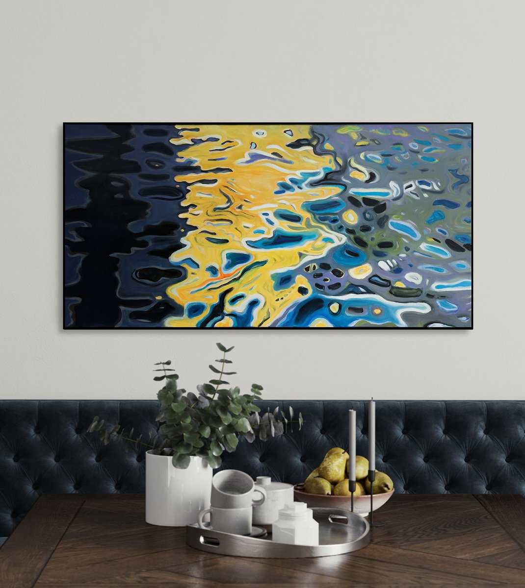Impressionistic Landscape Acrylic Painting By Bo Kravchenko, 49 X 25, Blue Yellow Reflection, Original Artwork