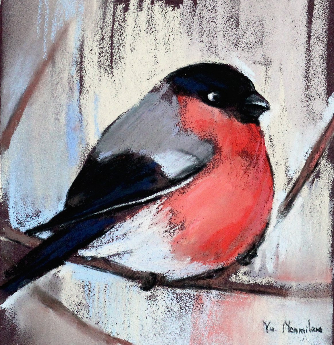Bullfinch - Bird - Orange - Pastel drawing by Yuliia Meniailova