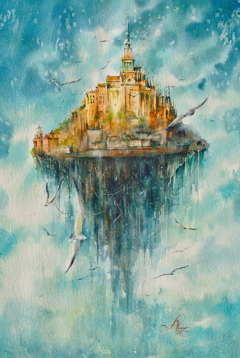 Surrealistic Cityscapes Watercolour By Eve Mazur, 15 X 22, Mont-Saint-Michel, Original Artwork