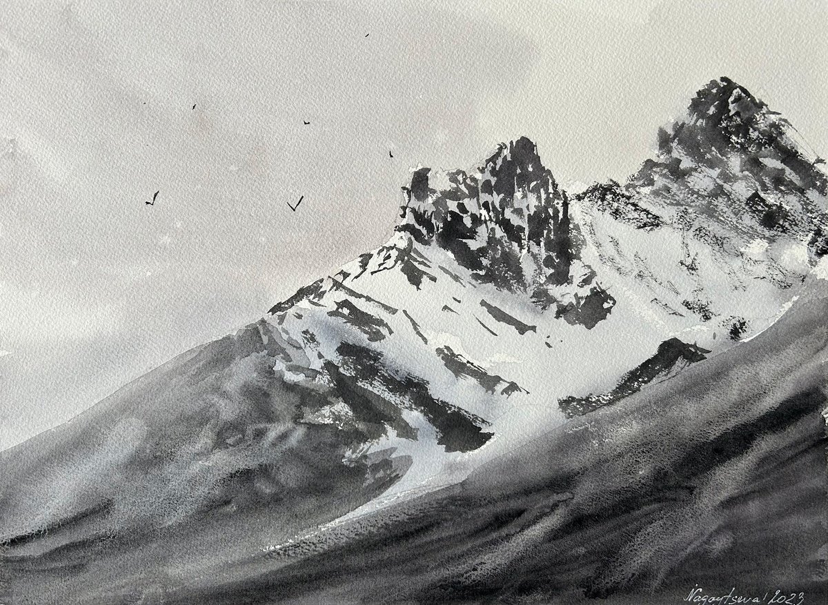 Original Watercolour plein air painting, Three Sisters Mountain, Canmore by Inna Nagaytseva