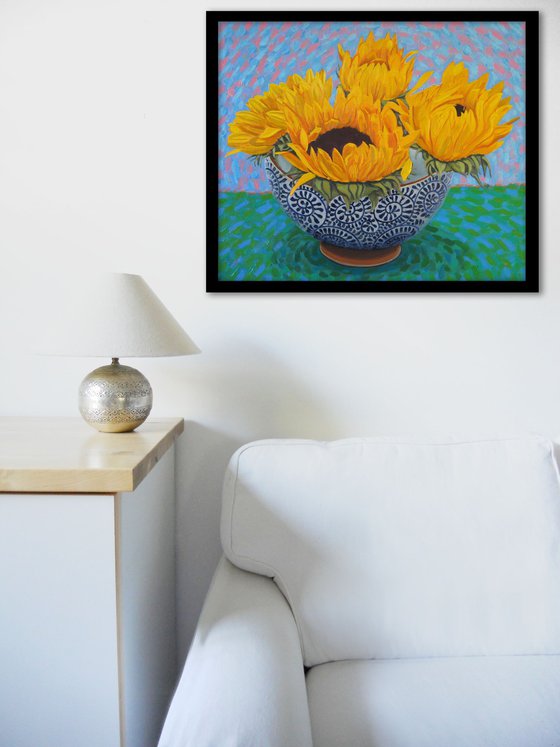 Four Sunflowers in a Bowl