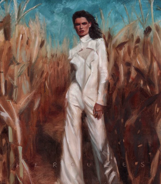 "Im not lost" Oil painting of brunette model wearing a white suit in the corn fields.