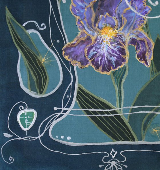 Decorative Silk Painting with a Blue Iris and Elven Fence