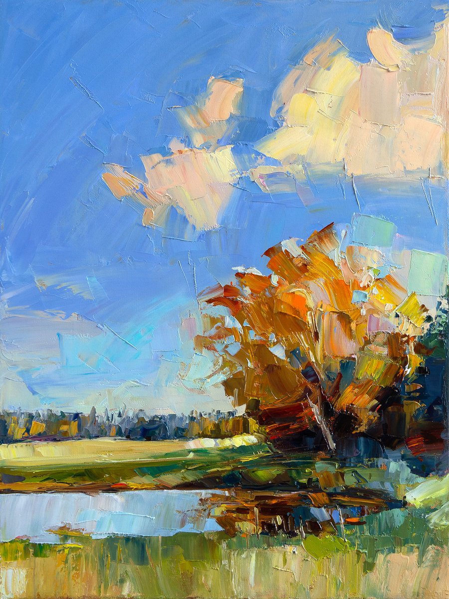 Impressionistic Landscape Oil Painting By Daria Zavadenko, 12 X 16, Golden Reflection, Original Artwork