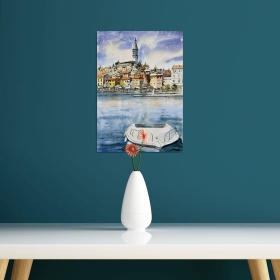Old town skyline with boat Rovigno Croatia 25x36cm 2022