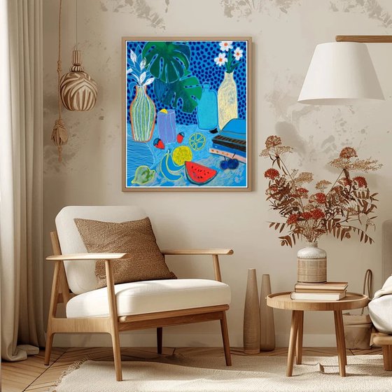 Blue Still Life with Fruits