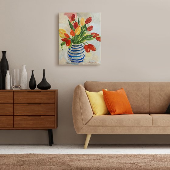 Striped Vase with Tulips