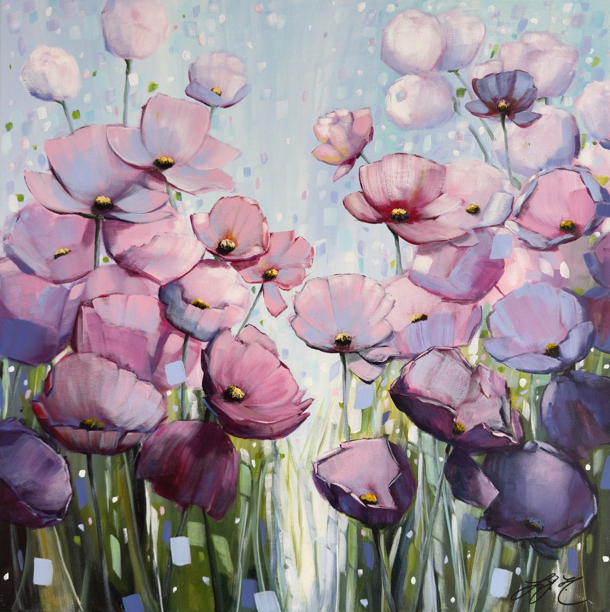 Impressionistic Botanical Acrylic Painting By Sandra Gebhardt-Hoepfner, 24 X 24", Poppies Land 16, Original Artwork