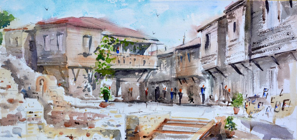 Streets of old town Nessebar Bulgaria 17x36 cm 2020 by Nenad Kojic watercolorist