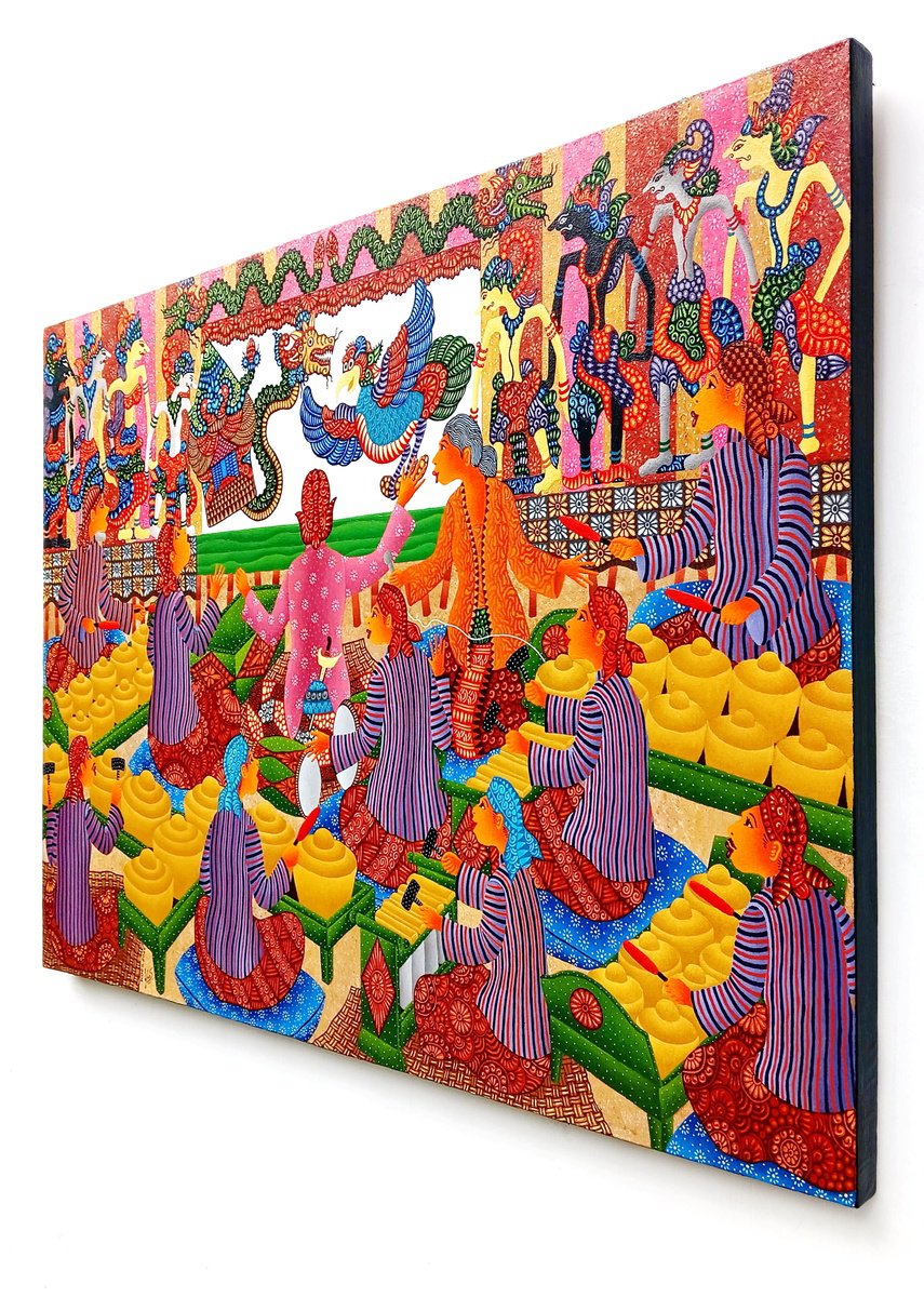 Illustrative Portrait Acrylic Painting By Kus Budiyanto, 59 X 39", Pagelaran Wayang Kulit, Original Artwork