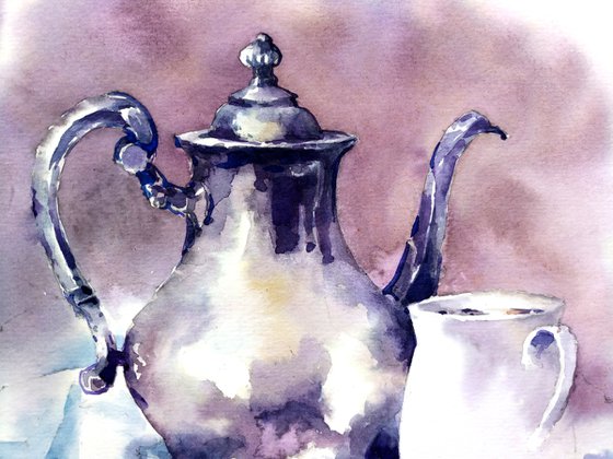 Modern still life "Tea drinking with flowers" original watercolor sketch