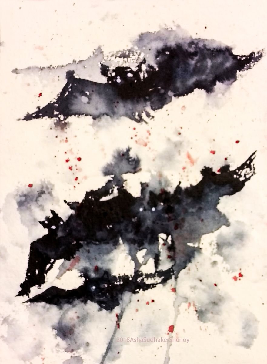 Halloween Bats, Horror Art, Creepy Ink and watercolor painting on paper 5.5x 7.4 by Asha Shenoy