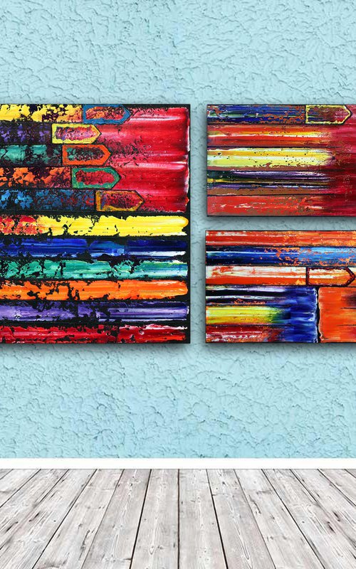 "The Grown-Ups Are Talking" - Original Xt Large PMS Abstract Triptych Oil Paintings On Canvas and Recycled Wood - 76" x 26" by Preston M. Smith (PMS)