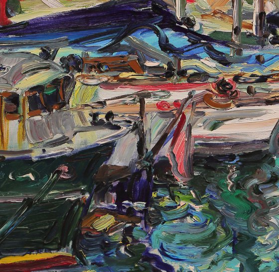 MARMARIS BOAT - marina landscape, original painting oil on canvas, boats, vacations holyday summer , seashore, water