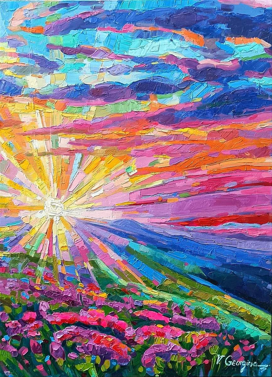Impressionistic Landscape Oil Painting By Vanya Georgieva, 24 X 31", Sunset In The Mountain, Original Artwork
