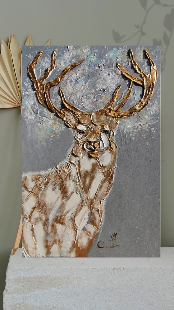 Golden deer Christmas decor, Oil painting original