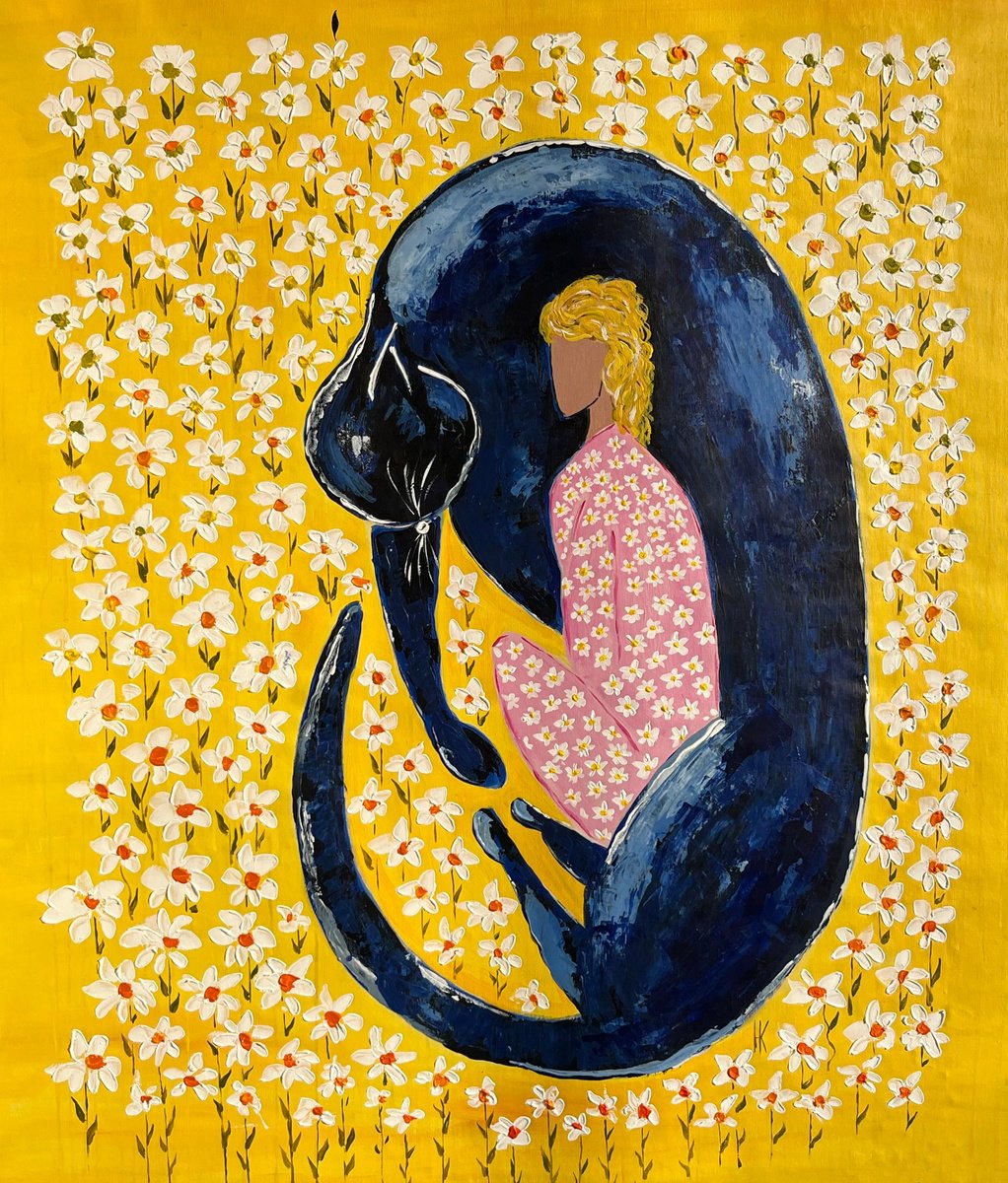  Woman Cat Daisy Painting By Halyna Kirichenko, 35 X 39, Artwork For Sale On Artfinder