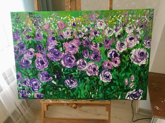 FIELD OF PURPLE PINK WHITE  ROSES  palette knife modern decor MEADOW OF FlOWERS, LANDSCAPE,  office home decor gift