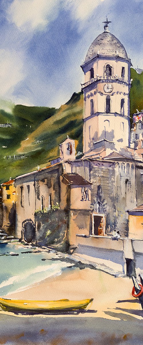 Vernazza. View of the tower and old town. Big format watercolor urban landscape Mediterranean italy sea bright architecture by Sasha Romm